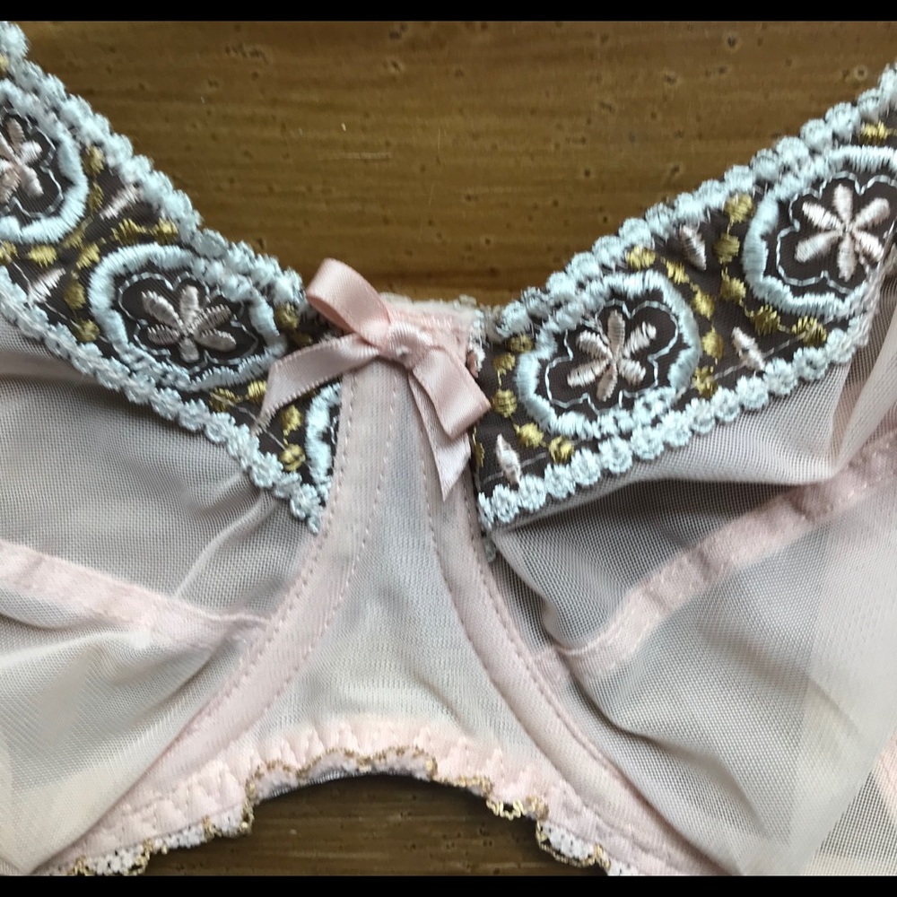 Sheer bra in a neutral peach color with flowers